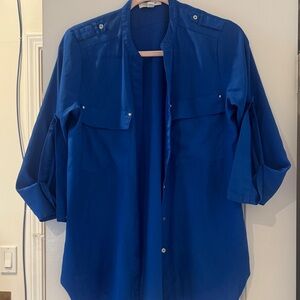 Calvin Klein Royal Blue Roll-Tab Sleeve Button Down Blouse